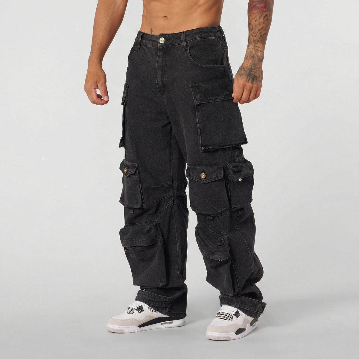 Mens Retro-style Loose-fit Washed Straight-leg Denim Jeans With Multiple Pockets