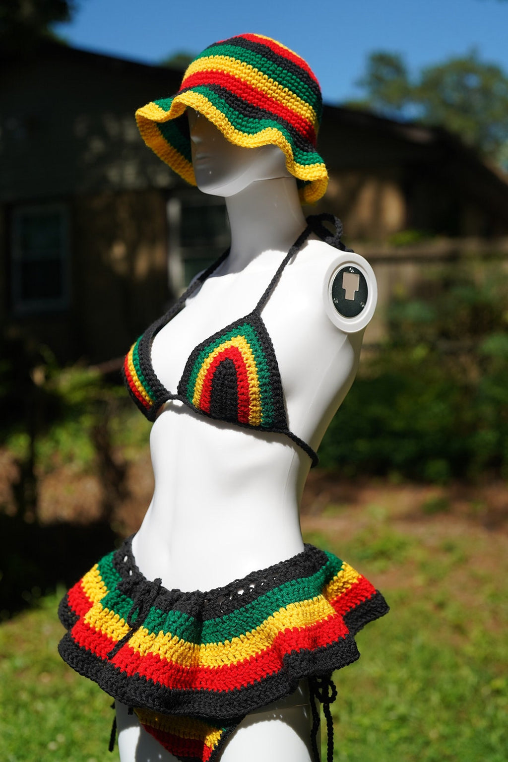 Handmade Jamaica Rasta Crochet Bikini 4-Piece Set with Micro Mini Skirt and Bucket Hat